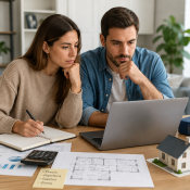 Pareja analizando la compra de una vivienda frente a un ordenador