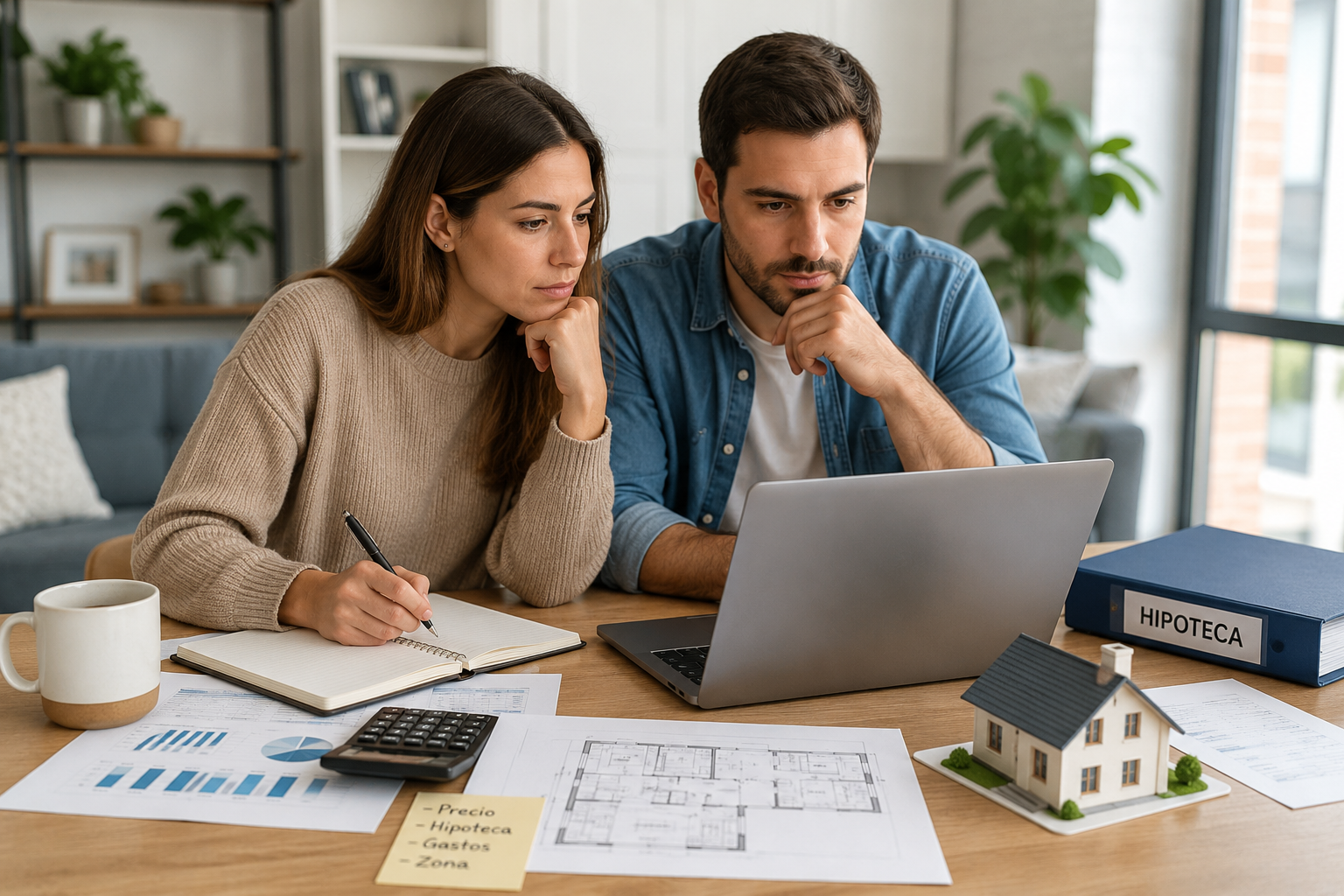 Pareja analizando la compra de una vivienda frente a un ordenador